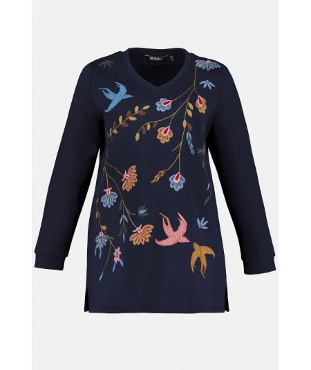 ULLA POPKEN PLUS SIZES Embroidered V-Neck Cotton Sweatshirt